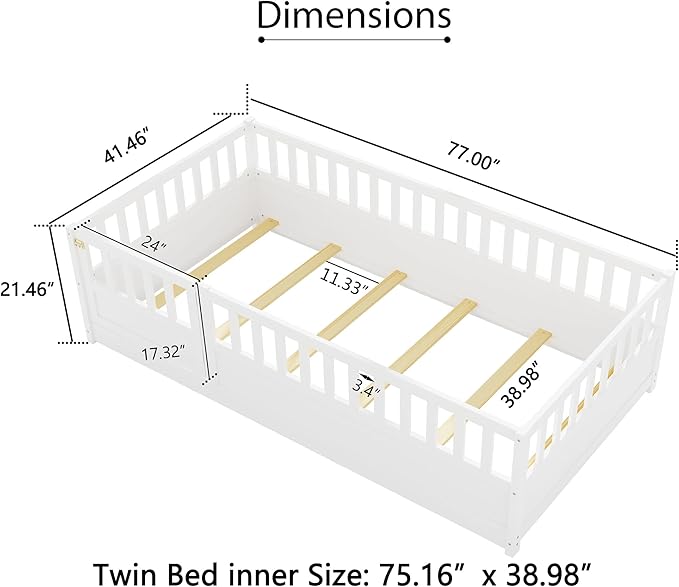Twin Floor Bed with Slats and High Fence, Twin Size Montessori Floor Beds with Door, No Box Spring Needed, Easy Assemble Montessori Bed Frame(White Twin)