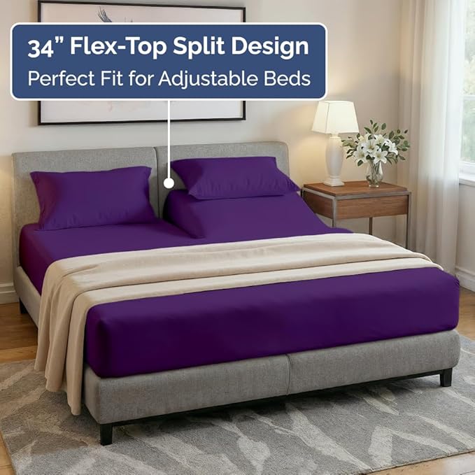 Flex Top Split Head King 4 Piece Sheet Set - Ultra-Soft, Breathable & Cooling Bed Sheets Set - Hotel Luxury Bedding for Women & Men w/ Deep Pockets - Wrinkle Free & Fade Resistant - Oeko-Tex - Purple