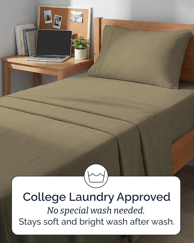Twin XL 4 Piece Sheet Set - Comfy, Breathable & Cooling - Hotel Luxury Bedding for Women, Men, Kids, Teens and Children - 1 Flat & 1 Fitted Sheet & 2 Pillowcases w/ Deep Pockets - Wrinkle Free - Khaki