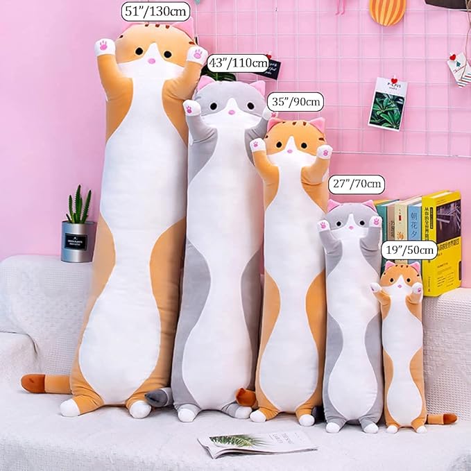 Oeonuas Cute Cat Plush Long Body Pillow Cuddle Cartoon Stuffed Animals Cat Plushie Soft Doll Pillows Gifts for Kids Girls (Orange, 27")