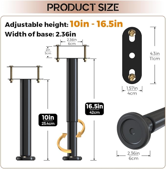 4-Piece Adjustable Height Bed Support Legs, Extra Sturdy Steel with Wider Rubber Base,King, Queen (10"-16.5")