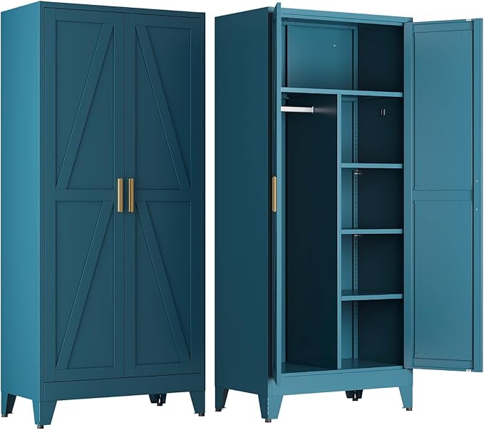 COFaR 71'' Tall Wardrobe Closet with Doors, Metal Bedroom Armoire with Adjustable Hanging Rod and Shelves, Farmhouse Broom Closet Storage Cabinet for Garage Laundry Office, Peacock Blue