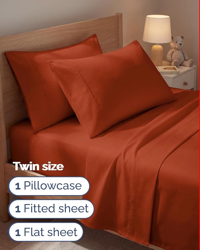 Twin 4 Piece Sheet Set - Comfy, Breathable & Cooling - Hotel Luxury Bedding for Women, Men, Kids, Teens & Children - 1 Flat & 1 Fitted Sheet & 2 Pillowcases w/ Deep Pockets - Wrinkle Free - Terracotta
