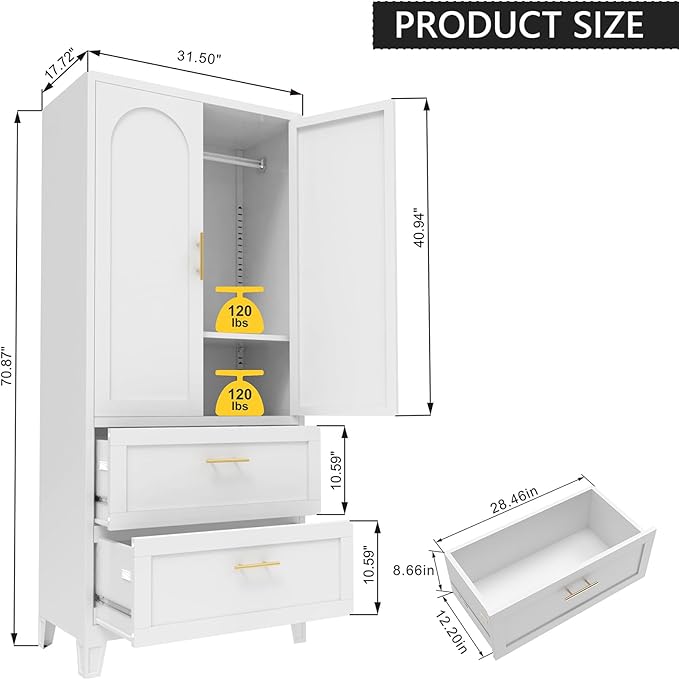 Modern 71" Steel Armoire Wardrobe Closet with 2 Drawers and Hanging Rod, Sturdy Metal 2 Door Armoire for Small Bedroom, Wardrobe Cabinet with Adjustable Shelves for Apartments, (White)
