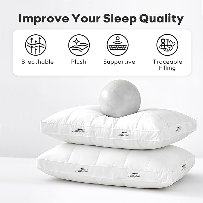 Goose Feather Down Pillows King Size Set of 2, Gusseted Design Hotel Collection Pillows, 100% Cotton Cover, Medium Firm Support Bed Pillows for Side, Back, and Stomach Sleepers(18”x34”)
