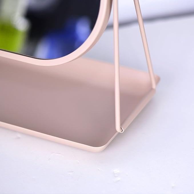 Tstarer Rotating Metal Makeup Mirror with Storage, Vanity Mirror for Desk, Bathroom, Bedroom, Dressing Table (Pink)