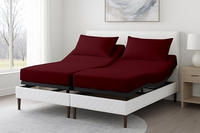 Split King Sheets for Adjustable Bed,Sheets for Adjustable Bed,Twin XL Fitted Sheets for Adjustable Bed Split King,Split King XL Sheets,Sheets for King Size Split Bed-16 Drop (5 PCs)(Burgundy Solid)