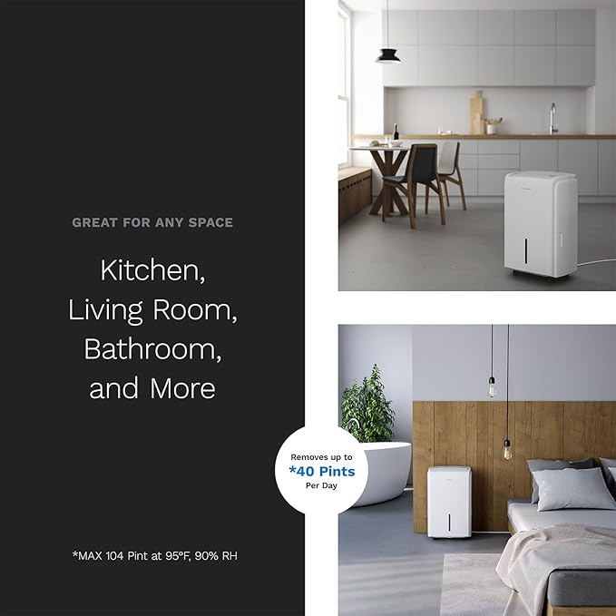 hOmeLabs Dehumidifier 6,000 Sq Ft Rooms (40 Pint MAX 104 Pint at 95°F, 90% RH) with Pump for Home, Office, Basements with Powerful Moisture Removal, Humidity Control, Auto Shut-off, Quiet Operation