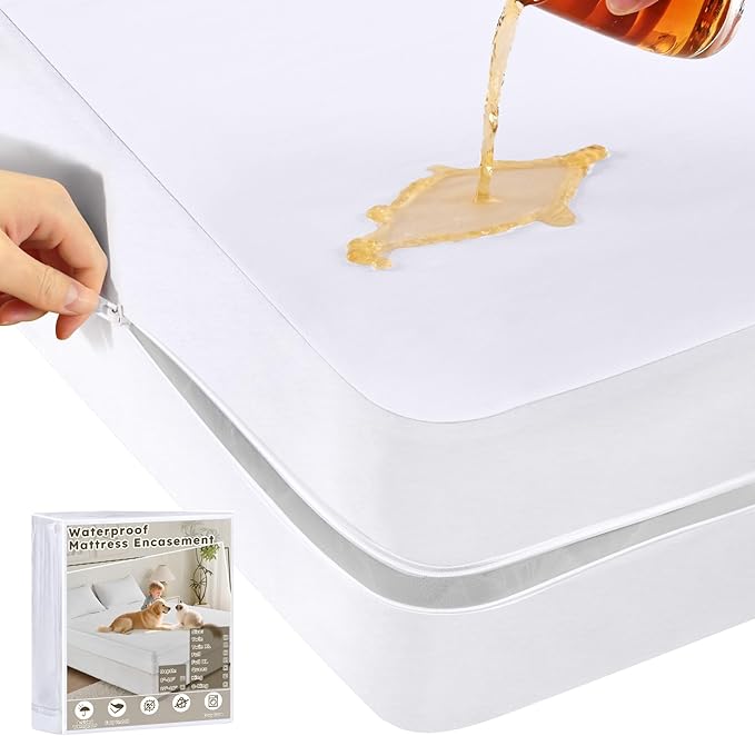 Twin Waterproof Mattress Protector (8”-10” Depth) – Zippered Six-Sided Mattress Encasement Bed Cover, Noiseless Breathable Twin Mattress Cover, Machine Washable Waterproof Bed Protector, White
