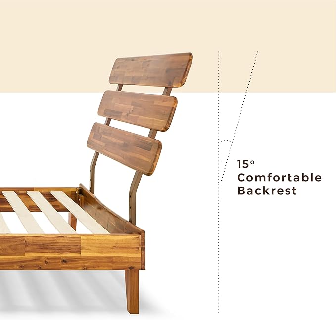 Bme Caden 15 Inch Bed Frame with Adjustable Headboard - Mid Century, Retro Style with Acacia Wood - No Box Spring Needed - 12 Strong Wood Slat Support - Easy Assembly - Caramel, Twin