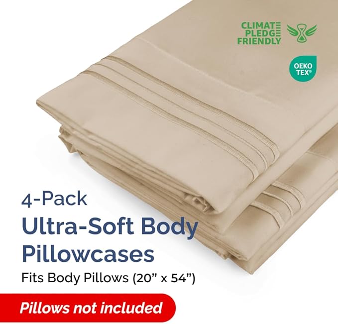 Body Pillowcases Set of 4-20x54 Long Body Pillow Case - Soft Body Pillow Cover for Sleeping & Side Sleepers - Comfy, Cozy Breathable & Fade Free - Machine Washable w/Envelope Enclosure - (Cream)