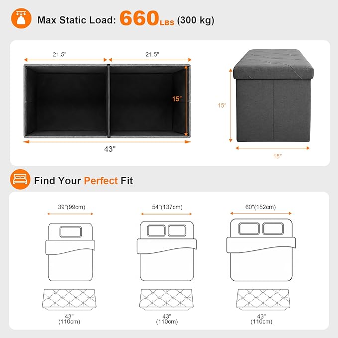 43 Inch Foldable Storage Ottoman Bench,with 35 Gallon Hidden Storage,Folding Foot Rest Ottoman,End of Bed Bench,660lbs Load Capacity,Easy Assemble for Living Room,Bedroom,Entryway