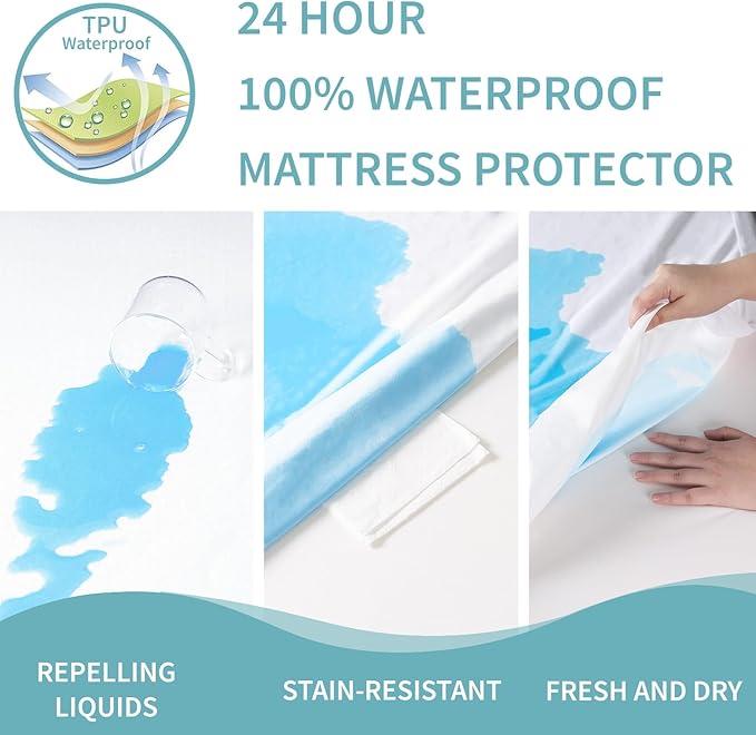 Twin XL Mattress Protector Waterproof- Washable Mattress Cover Twin XL Size Fitted Bed Pad Noiseless Plastic Protection Up to 18” Mattress Protector Soft&Breathable（White）