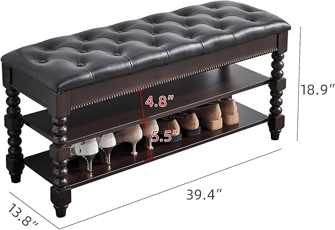 Shoe Storage Bench with Cushion, Entry Bench with Storage Solid Wood Shoe Bench Ideal for Entryway Living Room and Corridor (Walnut 39.4'')