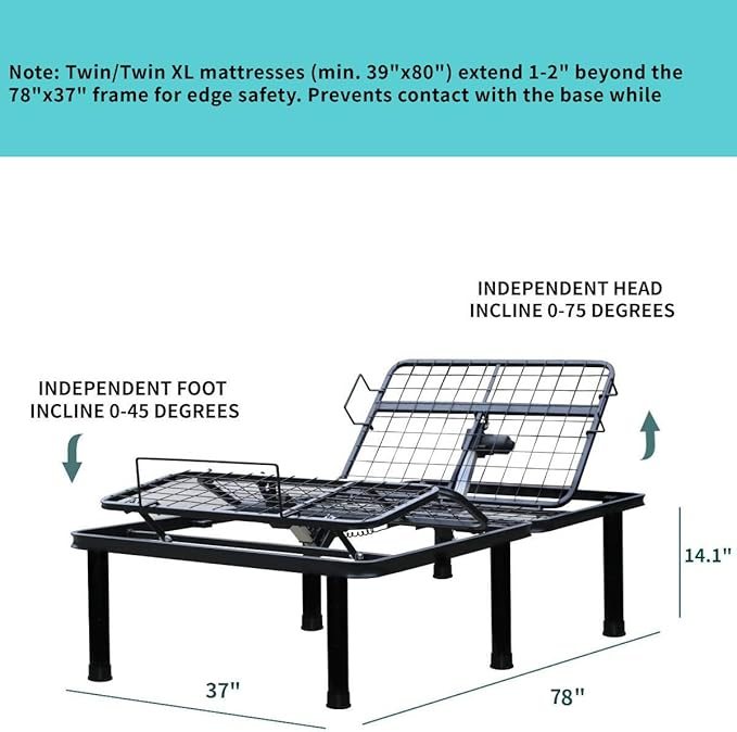 Adjustable Bed Frame Full Metal Frame Bears 705 lbs Head and Legs Can Lift Independently, Zero Gravity Prevents Snoring and Acid Reflux Black Quick Installation Twin XL (Twin XL)