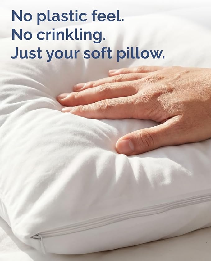 Set of 2 Pillow Protectors with Zipper - Standard Size - Bed Bug and Dust Mite Proof Pillow Covers - Noiseless, Moisture Wicking & Waterproof Pillowcases - Soft, Breathable & Machine Washable (White)