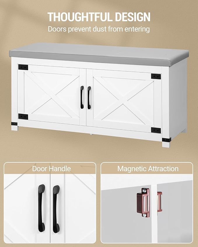 Hzuaneri Shoe Storage Bench, 2 Tier Shoe Bench with Padded Seat Cushion & 2 Barn Doors, Entryway Bench with Adjustable Shelf, Farmhouse Shoe Cabinet for Living Room, Bedroom, White SB26603GY