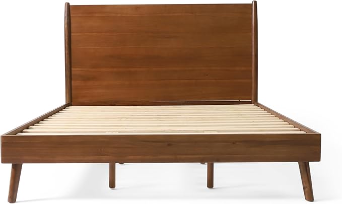 Merax Queen Size Solid Wood Platform Bed, Mid-Century Modern Bed Frame with Splayed Legs, 600 lbs Weight Capacity, No Box Spring Needed, Brown