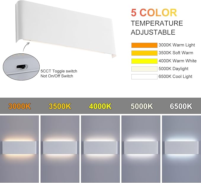 Mille Lucciole 15"Modern LED vanity light,20W Dimmable 5 CCT (3000K-6500K) Adjustable Wall Lamp,Up and Down Wall Lighting,Indoor Wall Sconce for Bedroom,Staircase,Hallway,Dressing Table,2 Pack（White）