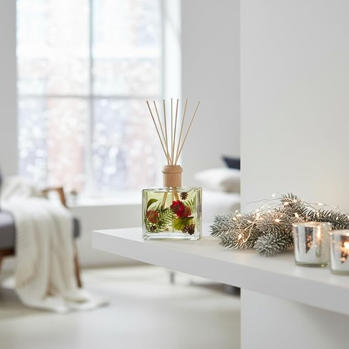 Rosy Rings Essence of Christmas Botanical Reed Diffuser 13oz – Lasts 6-12 Months Floral Aromatherapy Winter Home Fragrance Gift Notes of Eucalyptus, Balsam Fir, Cedarleaf, Pine Cone, Vetiver with Pine