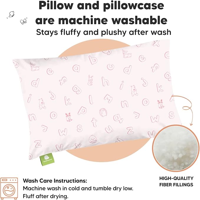 Toddler Pillow with Pillowcase - 13x18 My Little Dreamy Kids Travel Bed Pillows for Sleeping, Organic Cotton Small Pillowcase, Soft & Breathable, Machine Washable, Toddlers 2-5 (ABC Land Rose)