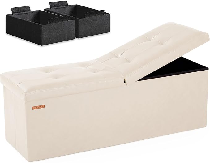 HAUSFRAU Storage Ottoman Bench with Flipping Lid, 43.3 Inches Storage Chest Footsrest, Folding Foot Stool for Entryway, Living Room, Bedroom, Synthetic Leather Ivory