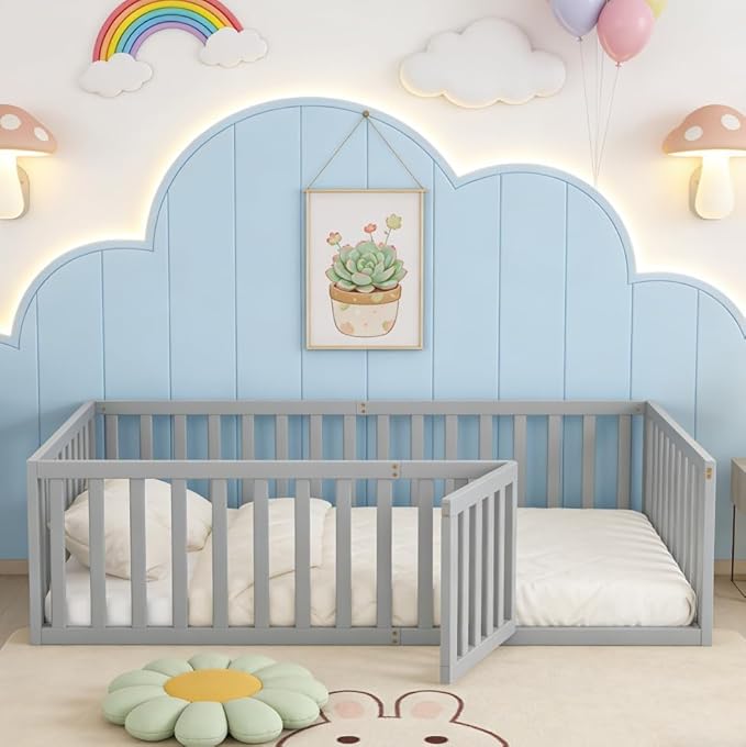 Bellemave Full Size Montessori Floor Bed with 21.7" High Rails, Pine,Plywood Floor Bed with Small Door, Grey