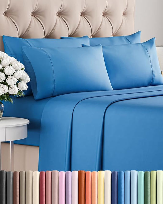 Full 6 Piece Sheet Set - Comfy, Breathable & Cooling - Hotel Luxury Bedding for Women, Men, Kids, Teens & Children - 1 Flat & 1 Fitted Sheet & 4 Pillowcases w/ Deep Pockets - Wrinkle Free - Royal Blue
