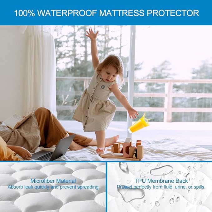 Full Size Quilted Fitted Waterproof Mattress Pad, Premium Hollow Material Filling Mattress Protector, Breathable, Quiet, Cooling, Machine-Washable Mattress Cover with 21” Deep Pocket
