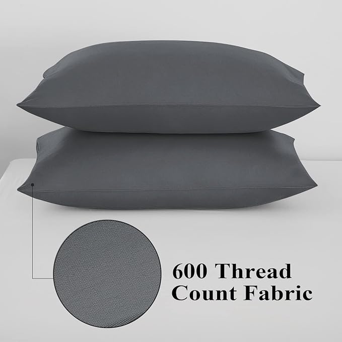 100% Egyptian Cotton Pillow Protectors Set of 4, 600 Thread Count Standard Size Bed Pillow Cases with Zipper,Sateen Weave Cooling Pillow Cases Quiet and Breathable Easy Care(4PCS, Standard, Dark Grey)
