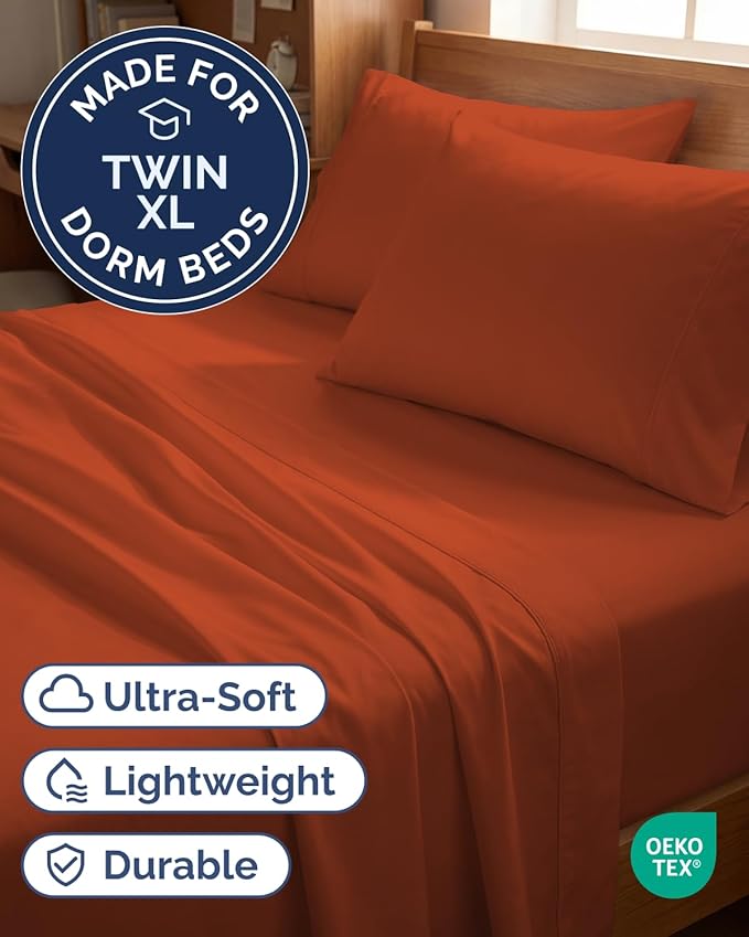 Twin XL 4 Piece Sheet Set - Comfy, Breathable & Cooling - Soft Hotel Luxury Bedding for Women, Men, Kids, Teens and Children - 1 Flat & 1 Fitted Sheet & 2 Pillowcases with Deep Pockets - Terracotta