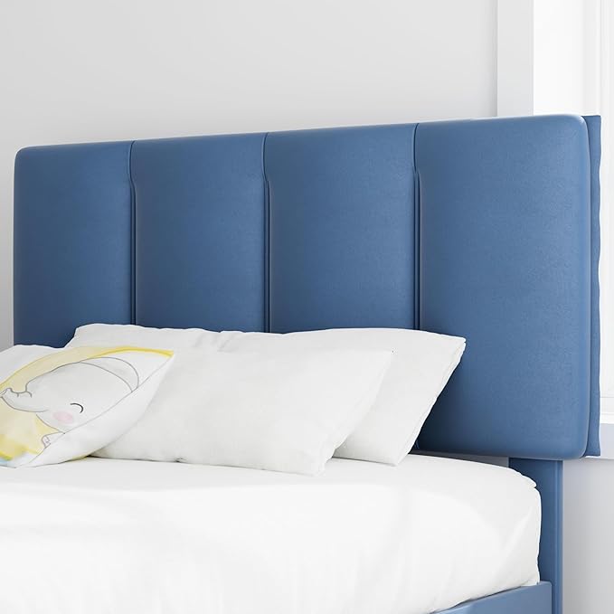 VECELO Twin Size Bed Frame with Upholstered Headboard, Heavy-Duty Bedframe with Wooden Slats & Steel Framework, Easy Assembly, Dark Blue