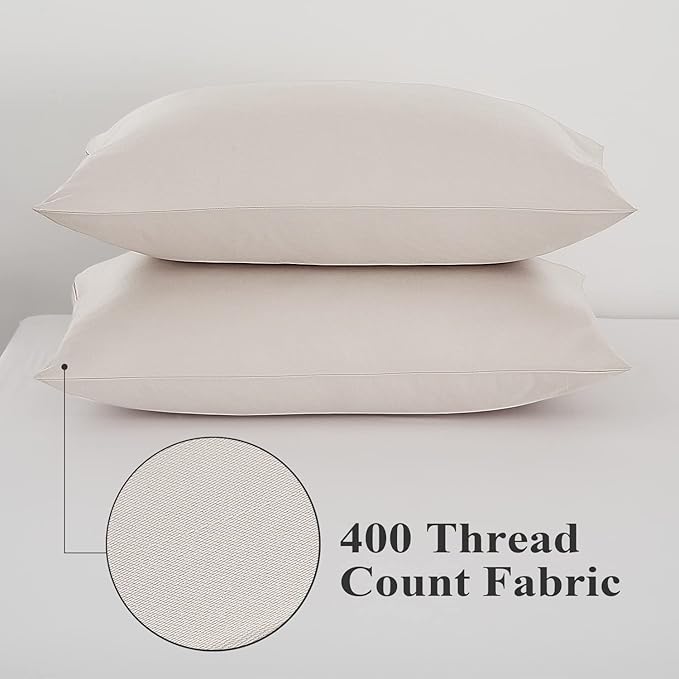 100% Egyptian Cotton Queen Pillow Protectors Set of 4, 400 Thread Count Sateen Weave Cooling Pillowcase, Easy Care Zippered Style Pillow Covers (4 Pack, Light Beige, Queen)