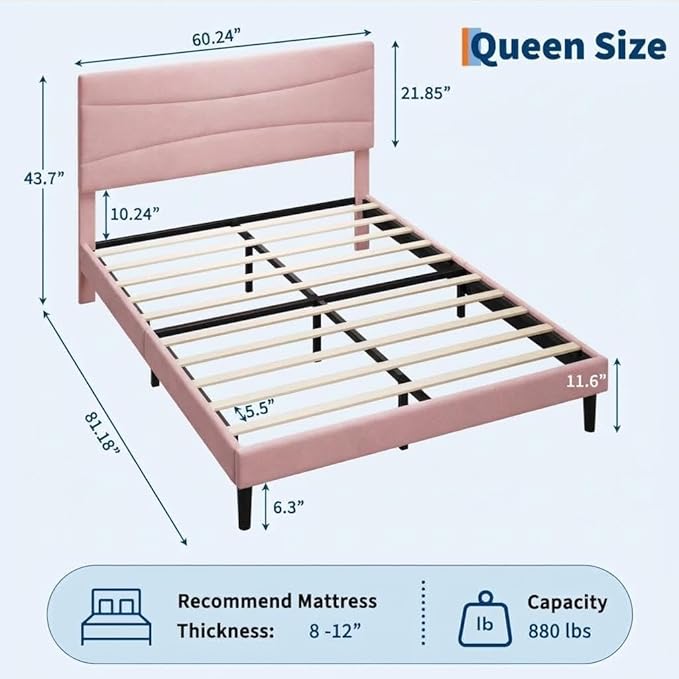 IDEALHOUSE Queen Size Upholstered Platform Bed Frame with Ergonomic Headboard, Beige Soft Fabric, Heavy Duty Wooden Slats, Noise-Free, 6.3" Underbed Storage, No Box Spring Needed, Easy Assembly