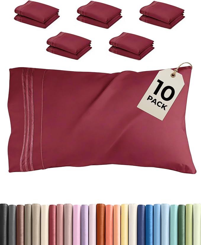 King Pillow Cases Set of 10 - Ultra Soft Hotel Quality Pillowcase Covers - Comfy & Wrinkle Free - Shrink, Stain & Fade Resistant - Easy-Care, Machine Washable Pillow Protectors - 10 Pcs Set - Burgundy