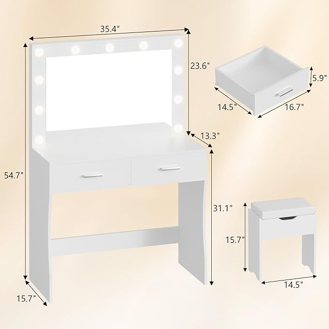 YESHOMY Vanity Desk with Mirror, Makeup Table with 11 Adjustable Lights and 2 Spacious Drawers, Soft-Padded Storage Stool, 3 Lighting Modes with Control, for Bedroom, Snow White