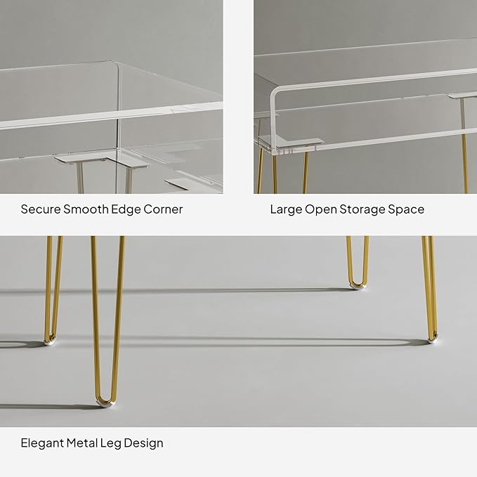 Eglaf Acrylic Vanity Desk - Small Makeup Vanity Table - Dressing Table for Bedroom, Dressing Room, Large Storage Space, 31.5'' L x 15.7'' W x 32.1'' H, Gold Metal Legs