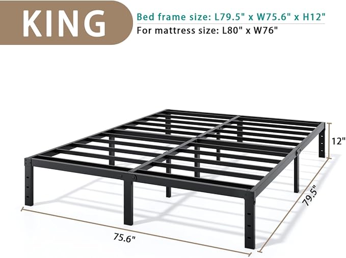 LUMUNANCE Metal Bed Frame King Size - 12 Inch Heavy-Duty King Platform Bed Frame No Box Spring Needed, Easy Assembly, Noise-Free, Sturdy Mattress Foundation, Underbed Storage Space