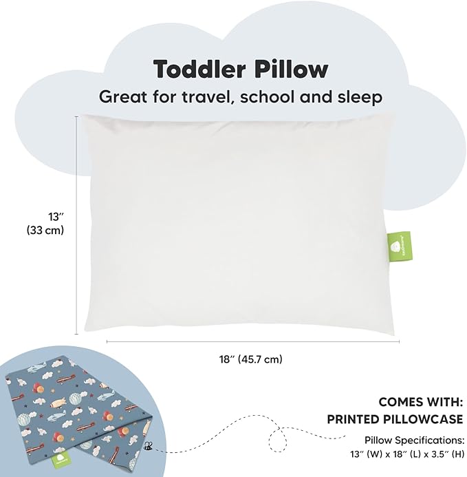 Toddler Pillow with Pillowcase - 13x18 My Little Dreamy Kids Travel Bed Pillows for Sleeping, Organic Cotton Small Pillowcase, Soft & Breathable, Machine Washable, Toddlers 2-5 years old (Up & Away)