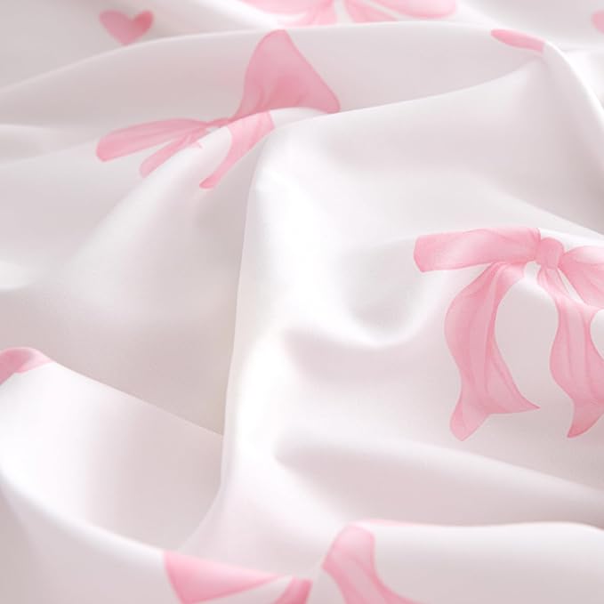 Nayoroom Pink Bow Duvet Cover Queen Size Heart Duvet Cover Coquette Bedding Set 3 Pieces Girls Cute Dorm Bedding Set with Pillowcases Soft Lightweight Microfiber