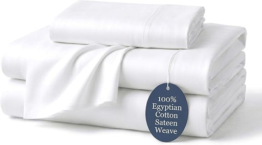 100% Egyptian Cotton Sheets Twin White - Luxury Hotel Collection Twin Size Sheet Set, Cooling, Smooth & Breathable Sateen Weave, Anti Pilling Extra Long Staple Cotton, 16" Deep Pocket - 4Pc