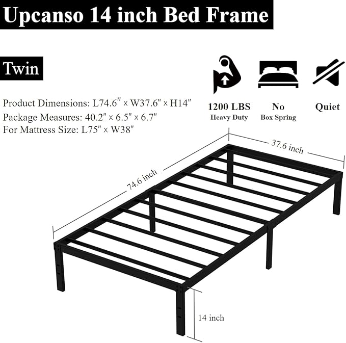 Upcanso Twin Bed Frame No Box Spring Needed, 14 Inch Heavy Duty Metal Platform Bed Frame Twin Size with Storage, 2500lbs Steel Slats Support, Easy Assembly, Black
