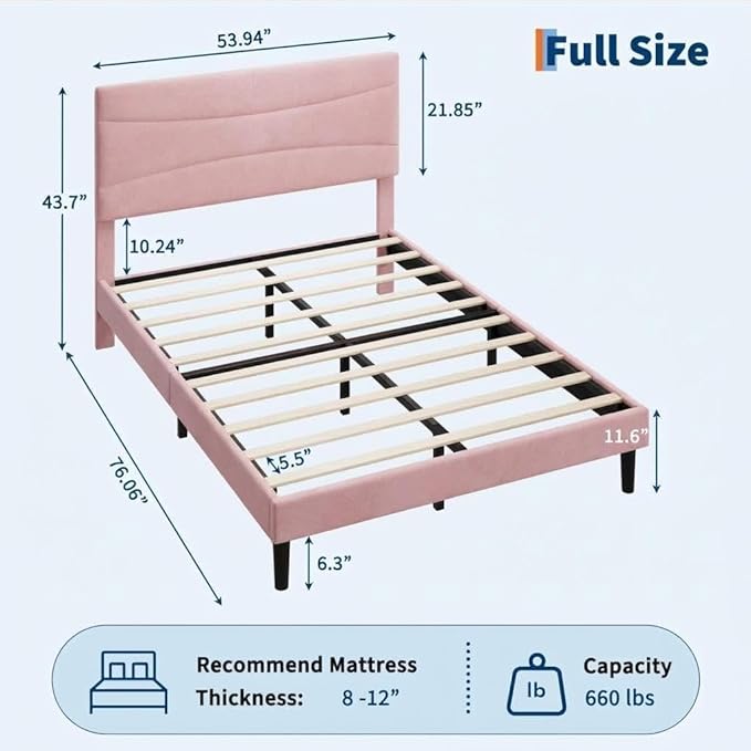 IDEALHOUSE Full Upholstered Platform Bed Frame with Ergonomic Headboard, Beige Soft Fabric, Heavy Duty Wooden Slats, Noise-Free, 6.3" Underbed Storage, No Box Spring Needed, Easy Assembly