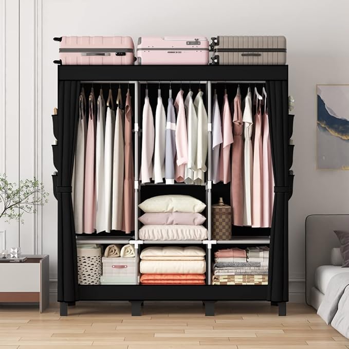 Portable Closet, 51.18" Large Capacity Clothing Storage Organizer with 3 Hanging Rods 6 Shelves 18 Side Pockets, Dustproof Sturdy Wardrobe for Bedroom Dorm Rental Apartment(Black, Large)