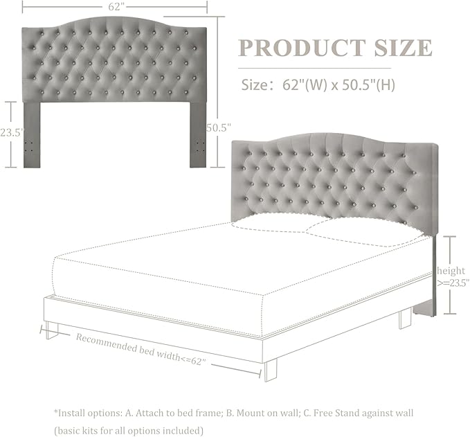 Furpopup Velvet Upholstered Headboard Queen/Full Size Latest Model Wall Mount, Bed Frame Mount, Featuring High-Density Sponge Padding, Luxury Texture Easy Assembly Comfort and Style-Silver Gray