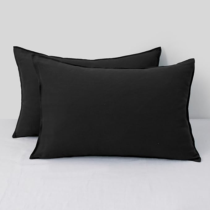CHUFFED Linen Pillowcases 2 Pack 100% Linen Standard Pillow Cases, Breathable and Cooling Washed Pillowshams with Zipper Closure, 20x30 Inches,Black