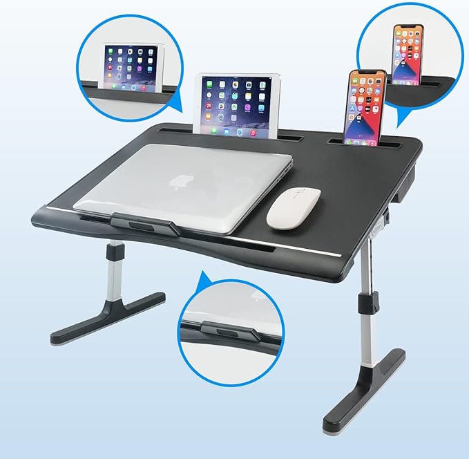 KLEAR Laptop Bed Tray Table [Luxury PVC Leather], Adjustable Laptop Desk for Bed, Foldable Lap Desk for Laptop with 2 Drawers, Multifunctional Lap Table for Working, Eating, Writing, Gaming, Drawing
