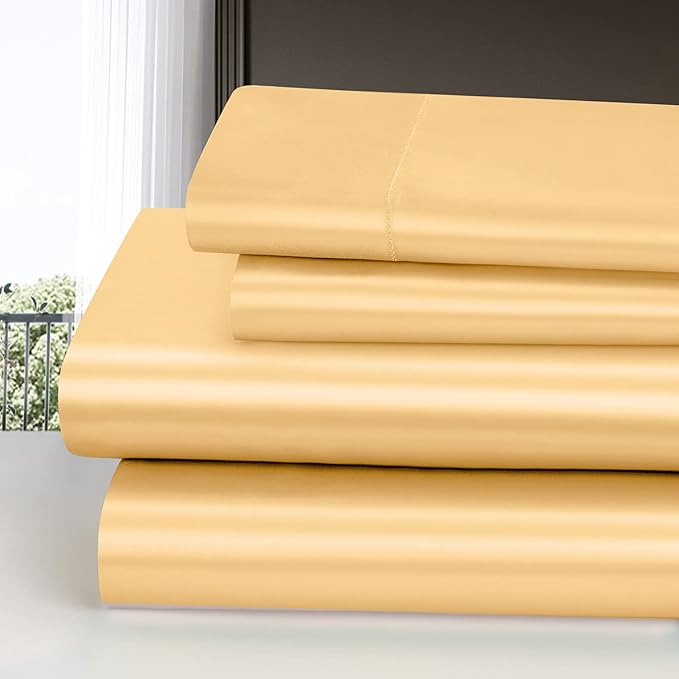 Homiest 4pcs Satin Sheets Set Luxury Silky Satin Bedding Set with Deep Pocket, 1 Fitted Sheet + 1 Flat Sheet + 2 Pillowcases (King Size, Gold)