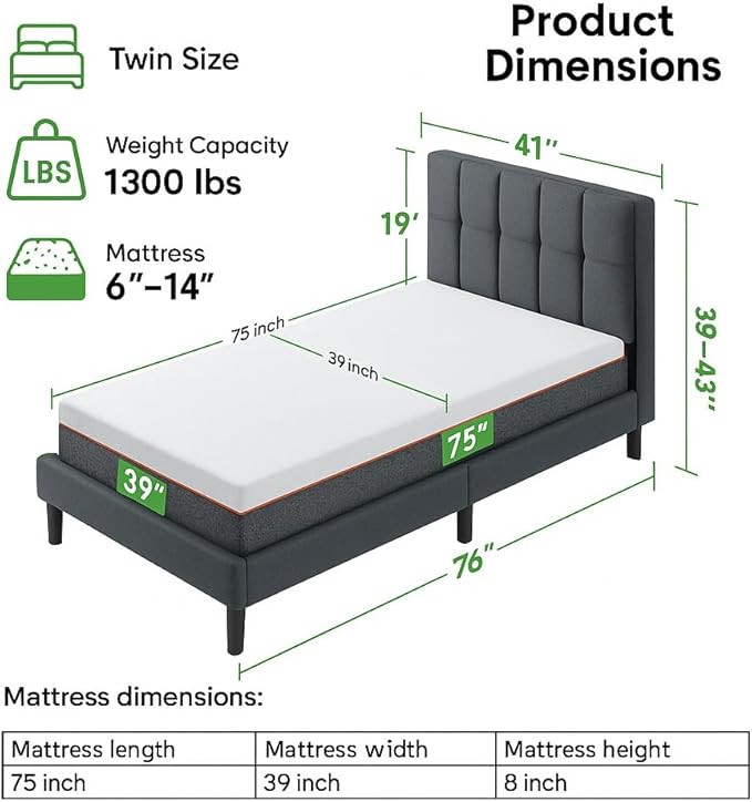 Marsail Twin Size Bed Frame and Mattress Set with Adjustable Upholstered Headboard and 8-inch Gel Memory Foam, Sturdy and Durable with 12 Support Legs, Breathable Cooling, Easy Assembly, Dark Gray