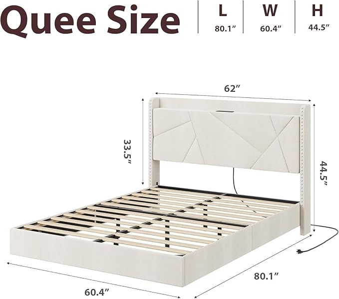 Garvee King Size Floating Bed Frame with RGB LED Lights and Charging Station, Upholstered Platform Bed with Storage Headboard and Button Tufted Design, No Box Spring Needed, Beige